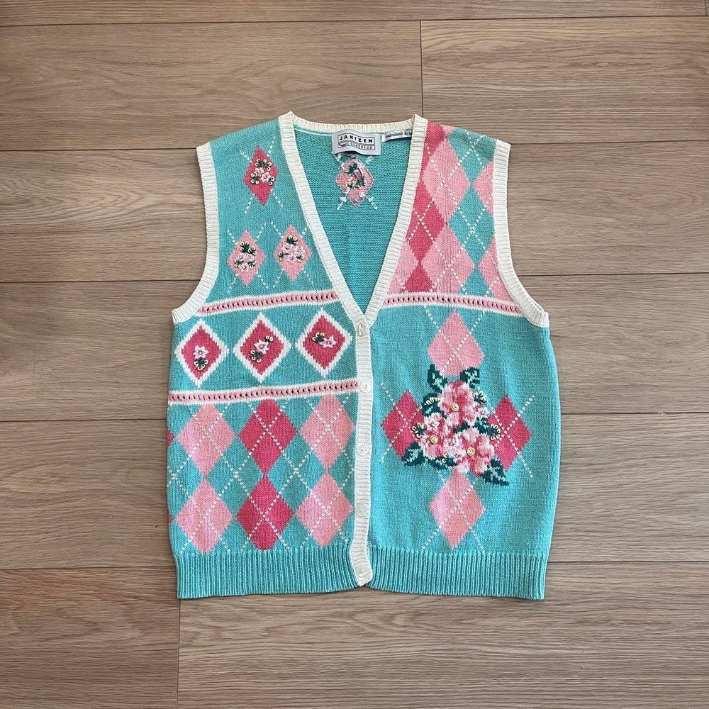 Jantzen Vintage Hand Embroidered Argyle Sweater Vest Women L 90s Preppy Cottage